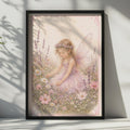 Fairy Girl Flower Meadow Poster, Lavender Floral Fantasy Children's Wall Art, Pink Nursery Print