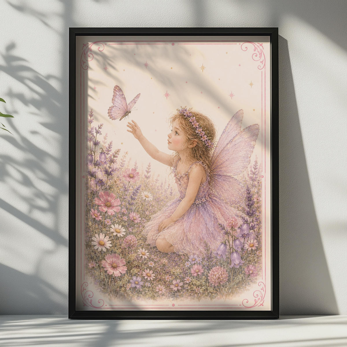 Fairy Girl Butterfly Poster, Floral Nursery Wall Art, Pink Purple Children's Print