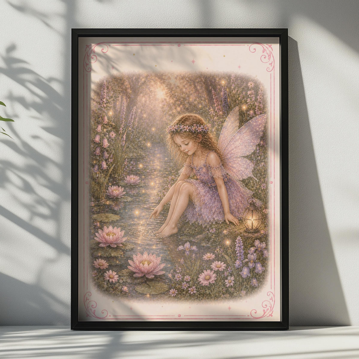 Fairy Pond Poster, Magical Fairy Wall Art, Pink Floral Fantasy Print, Girls Room Decor