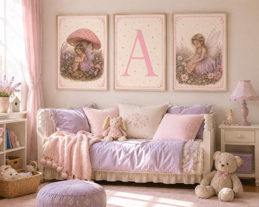 Fairy Girl Mushroom Poster, Magical Woodland Fairy Print, Pink Purple Nursery Wall Art
