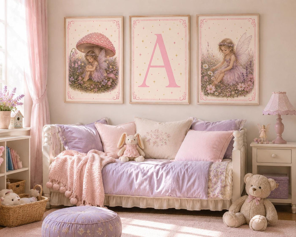 Fairy Girl Enchanted Forest Poster, Magical Woodland Wall Art, Pink Purple Girls Room Print