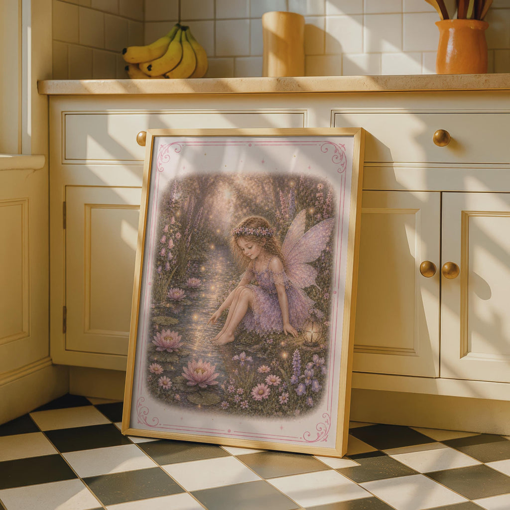 Fairy Pond Poster, Magical Fairy Wall Art, Pink Floral Fantasy Print, Girls Room Decor