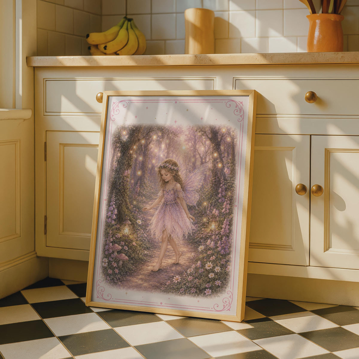 Fairy Girl Enchanted Forest Poster, Magical Woodland Wall Art, Pink Purple Girls Room Print
