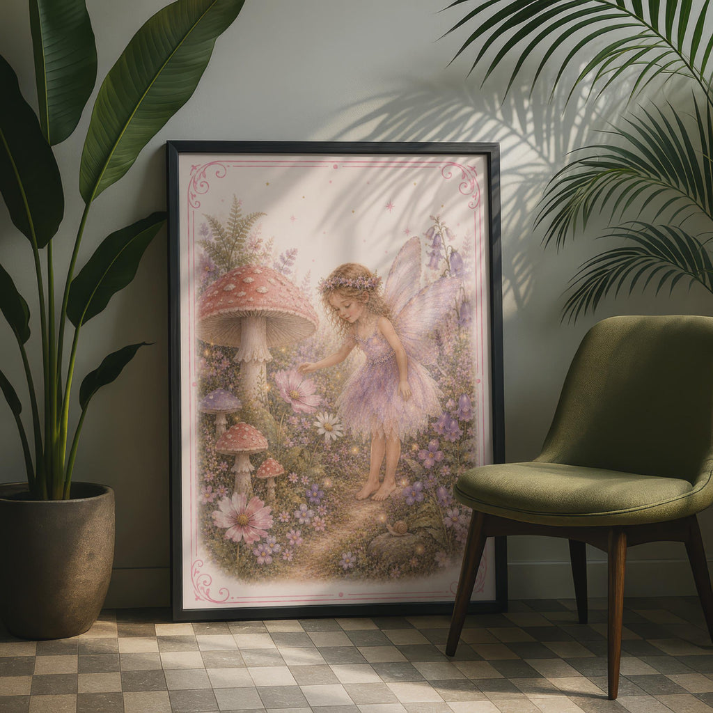 Fairy Garden Poster, Mushroom Floral Wall Art, Whimsical Pink Girls Room Print