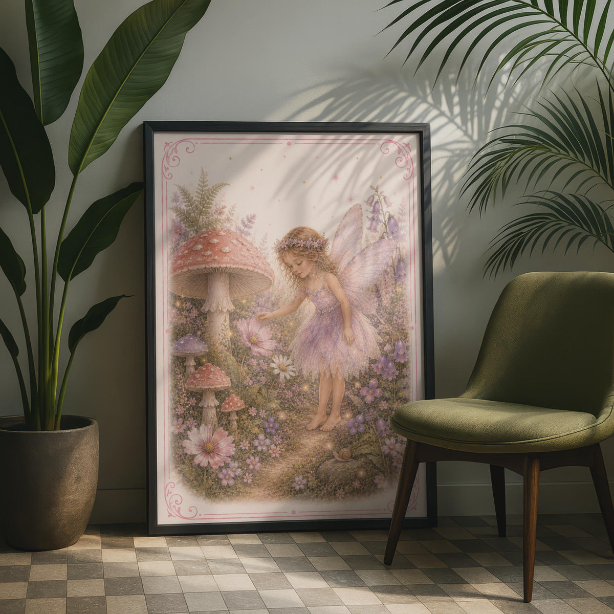 Fairy Garden Poster, Mushroom Floral Wall Art, Whimsical Pink Girls Room Print