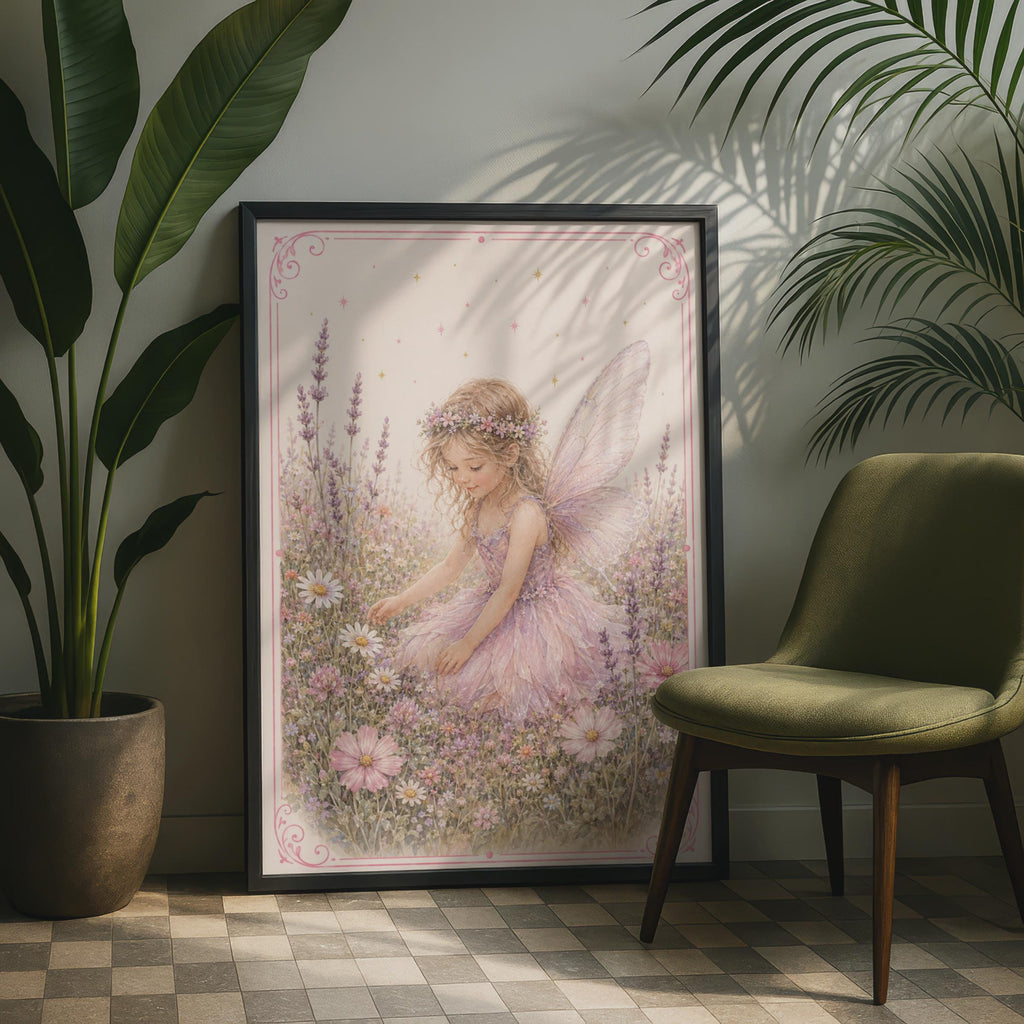 Fairy Girl Flower Meadow Poster, Lavender Floral Fantasy Children's Wall Art, Pink Nursery Print