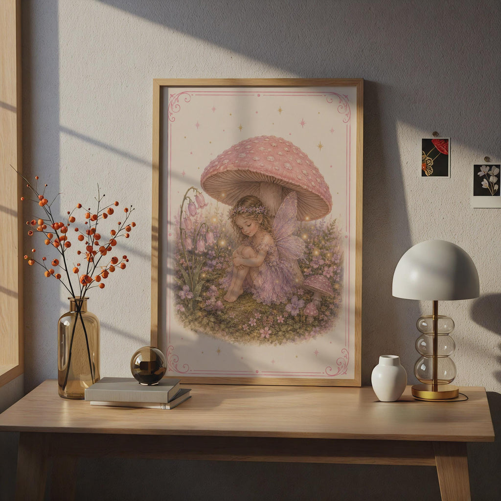 Fairy Girl Mushroom Poster, Magical Woodland Fairy Print, Pink Purple Nursery Wall Art