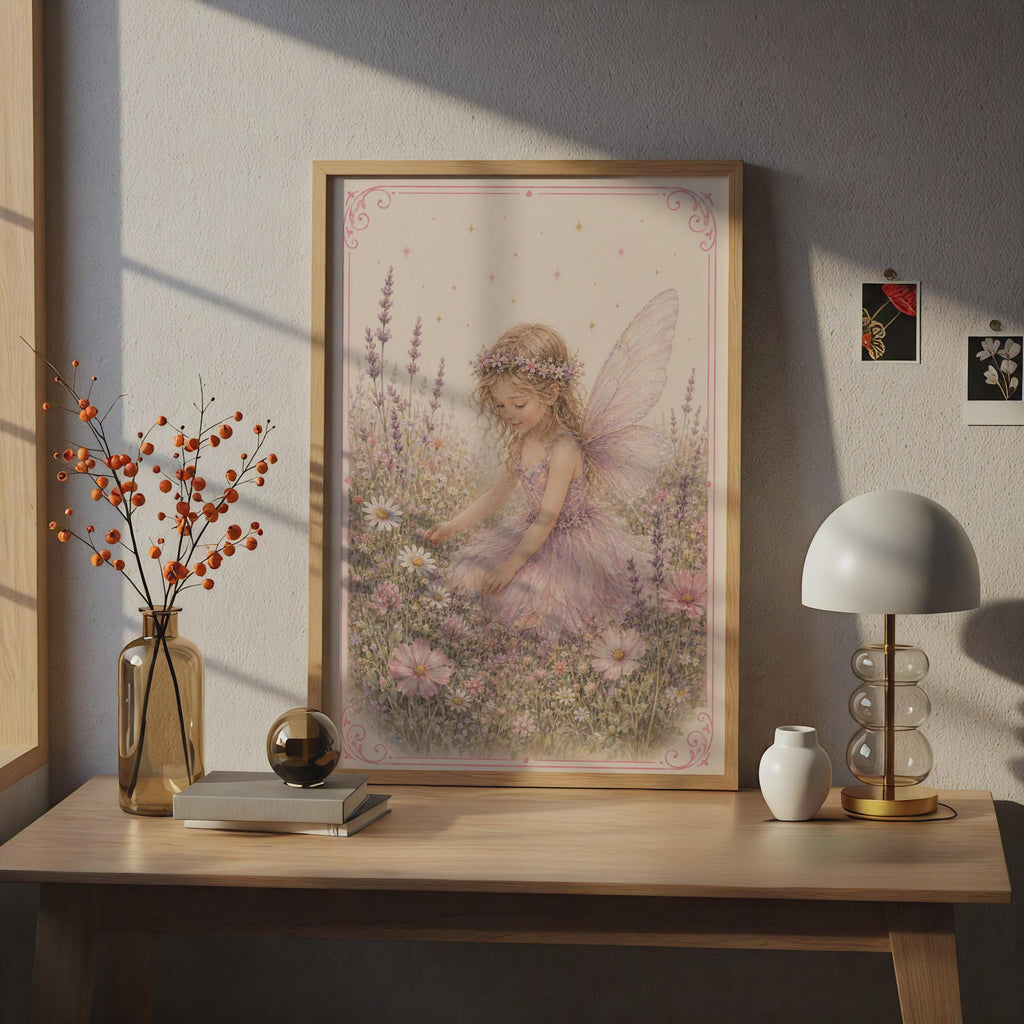 Fairy Girl Flower Meadow Poster, Lavender Floral Fantasy Children's Wall Art, Pink Nursery Print
