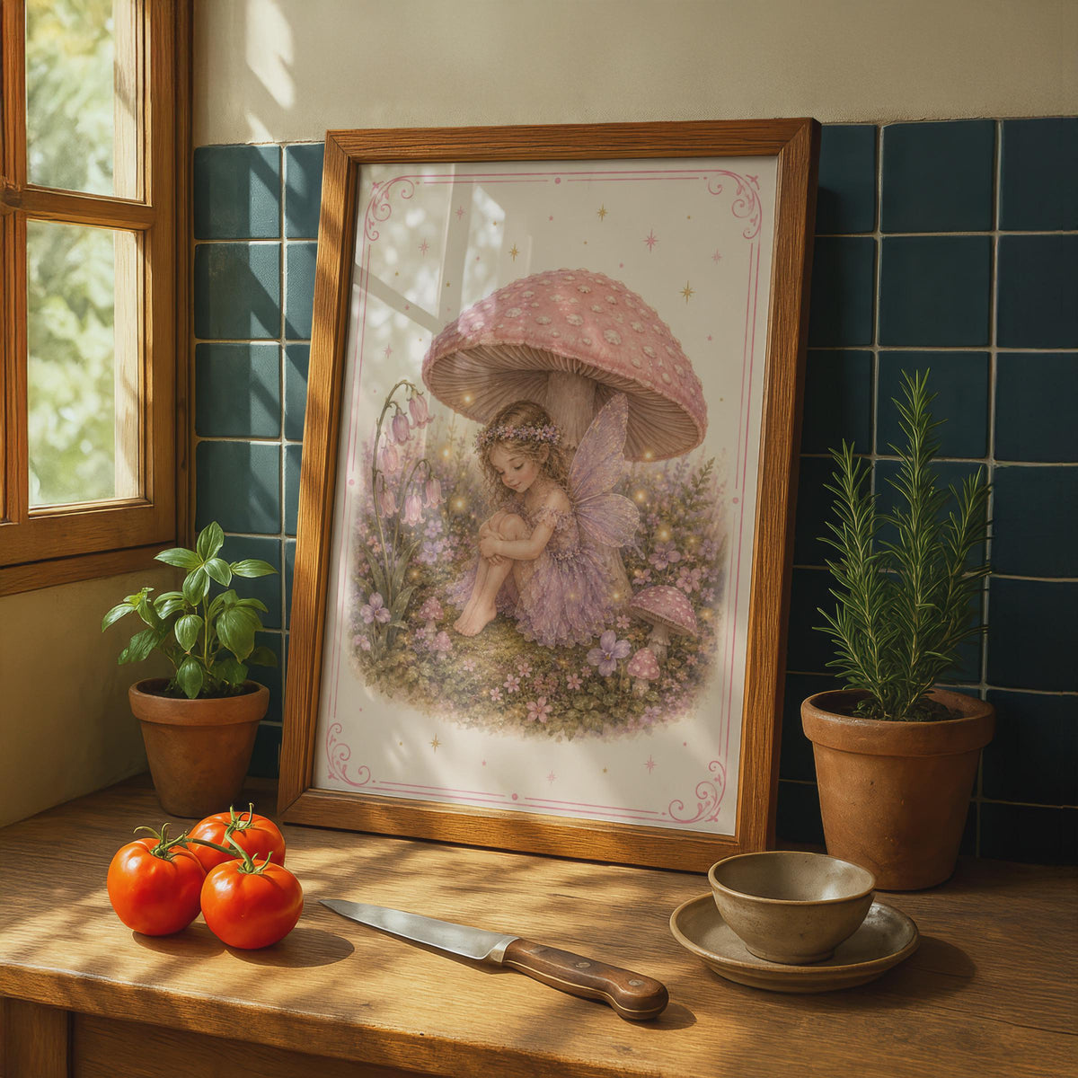 Fairy Girl Mushroom Poster, Magical Woodland Fairy Print, Pink Purple Nursery Wall Art