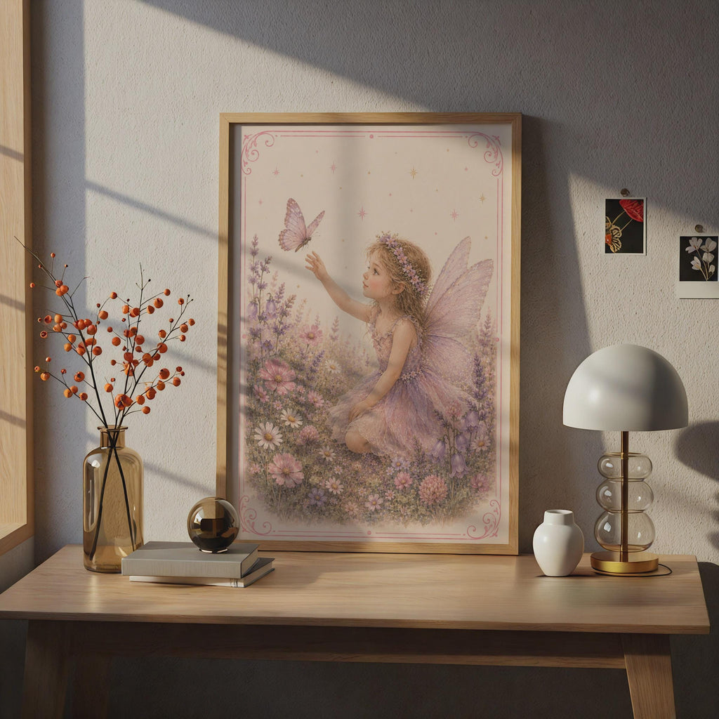 Fairy Girl Butterfly Poster, Floral Nursery Wall Art, Pink Purple Children's Print