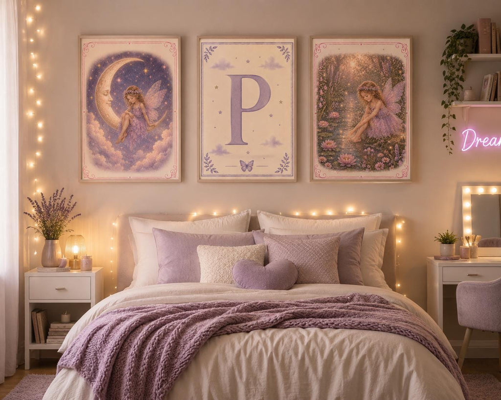 Fairy Garden Poster, Mushroom Floral Wall Art, Whimsical Pink Girls Room Print
