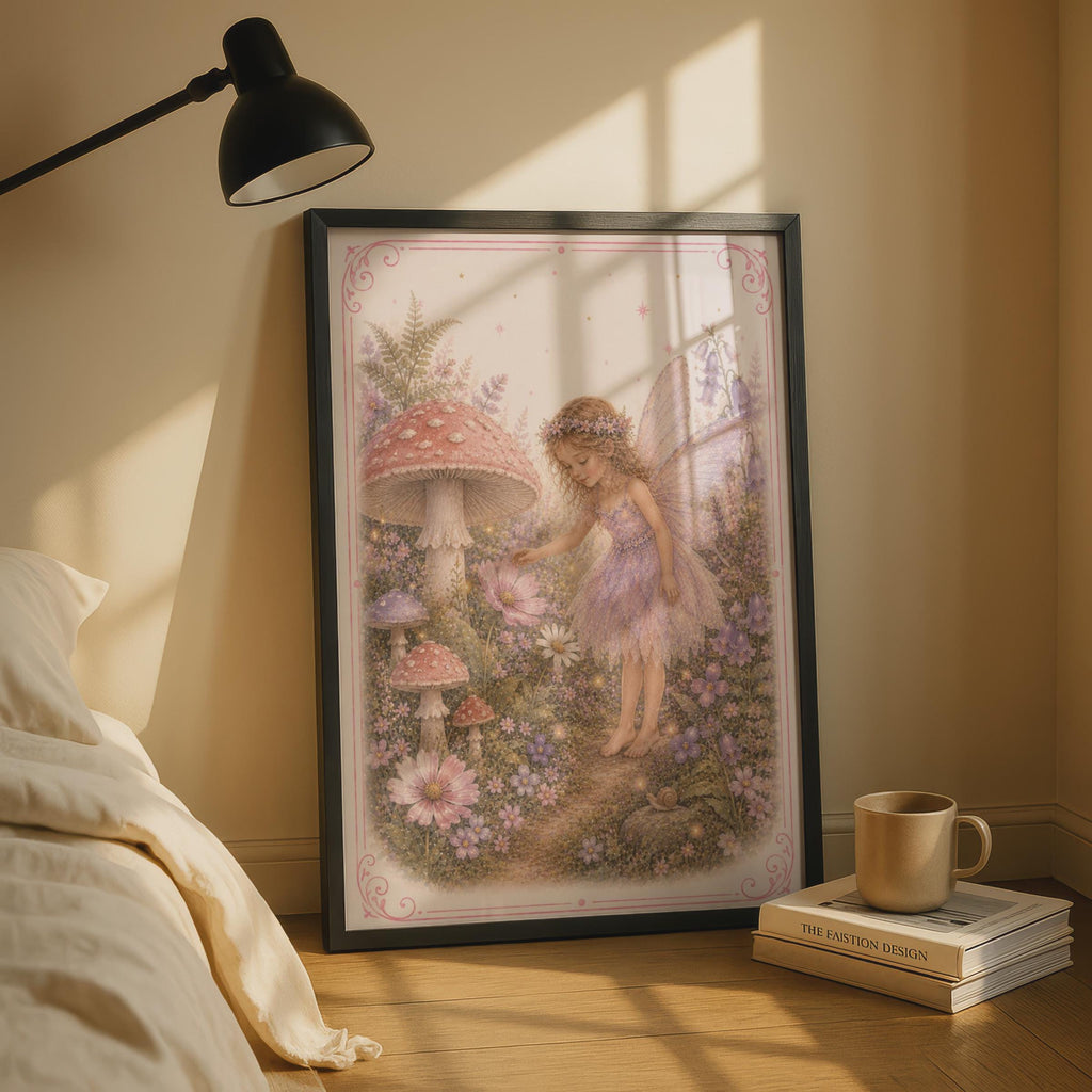 Fairy Garden Poster, Mushroom Floral Wall Art, Whimsical Pink Girls Room Print