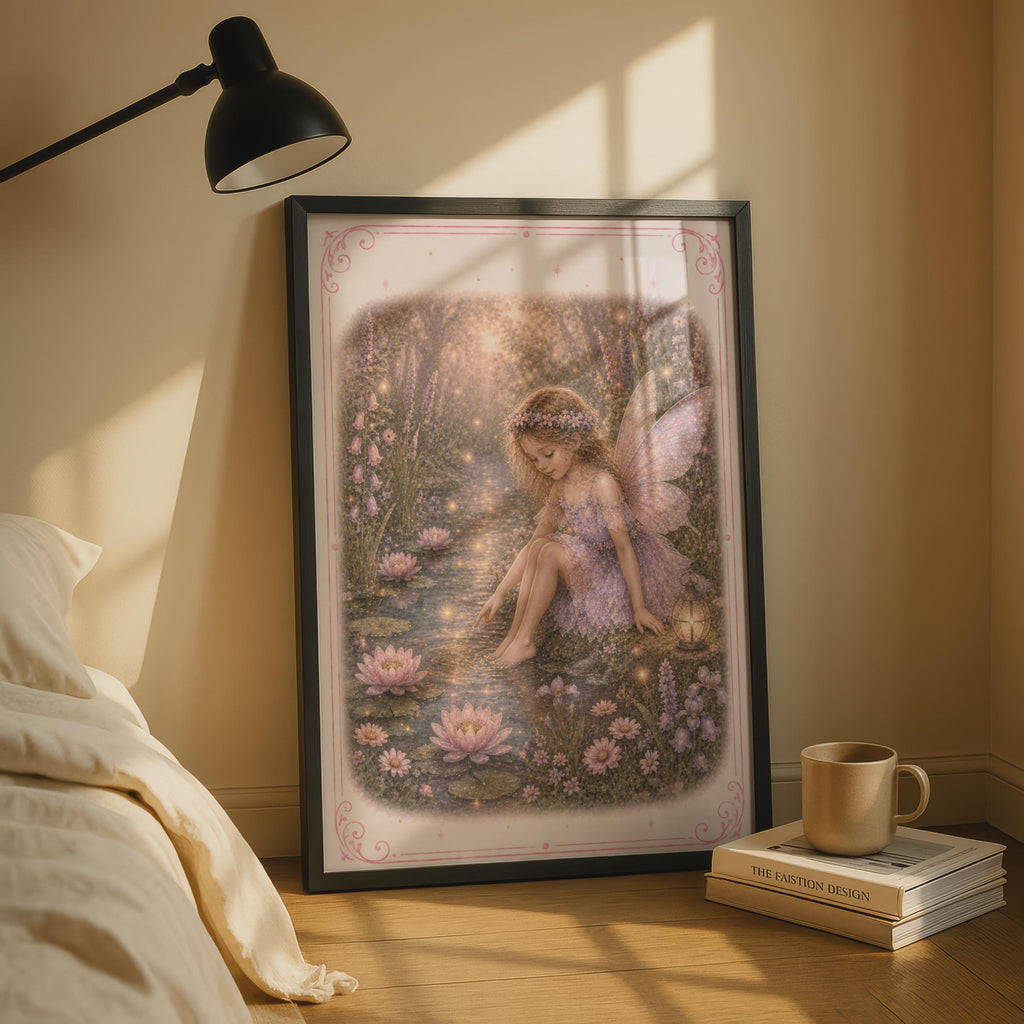 Fairy Pond Poster, Magical Fairy Wall Art, Pink Floral Fantasy Print, Girls Room Decor