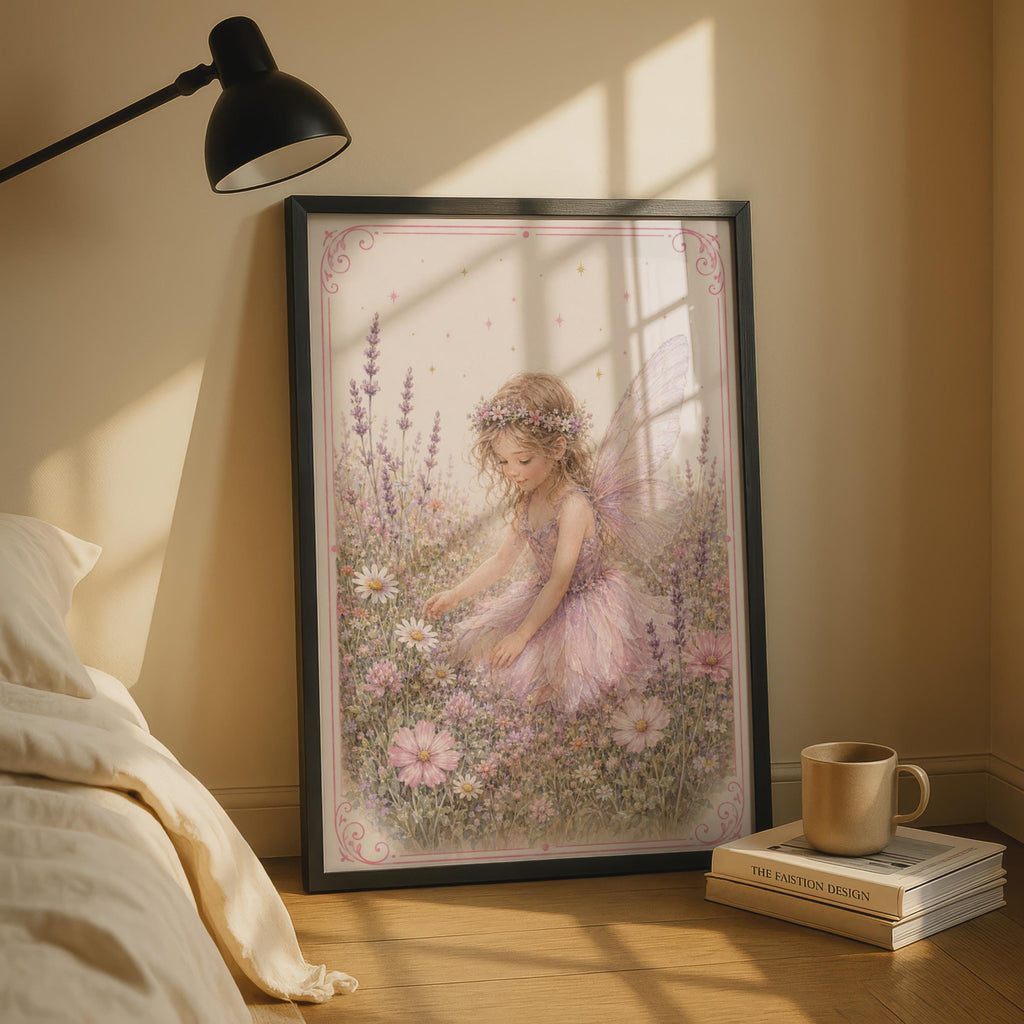 Fairy Girl Flower Meadow Poster, Lavender Floral Fantasy Children's Wall Art, Pink Nursery Print
