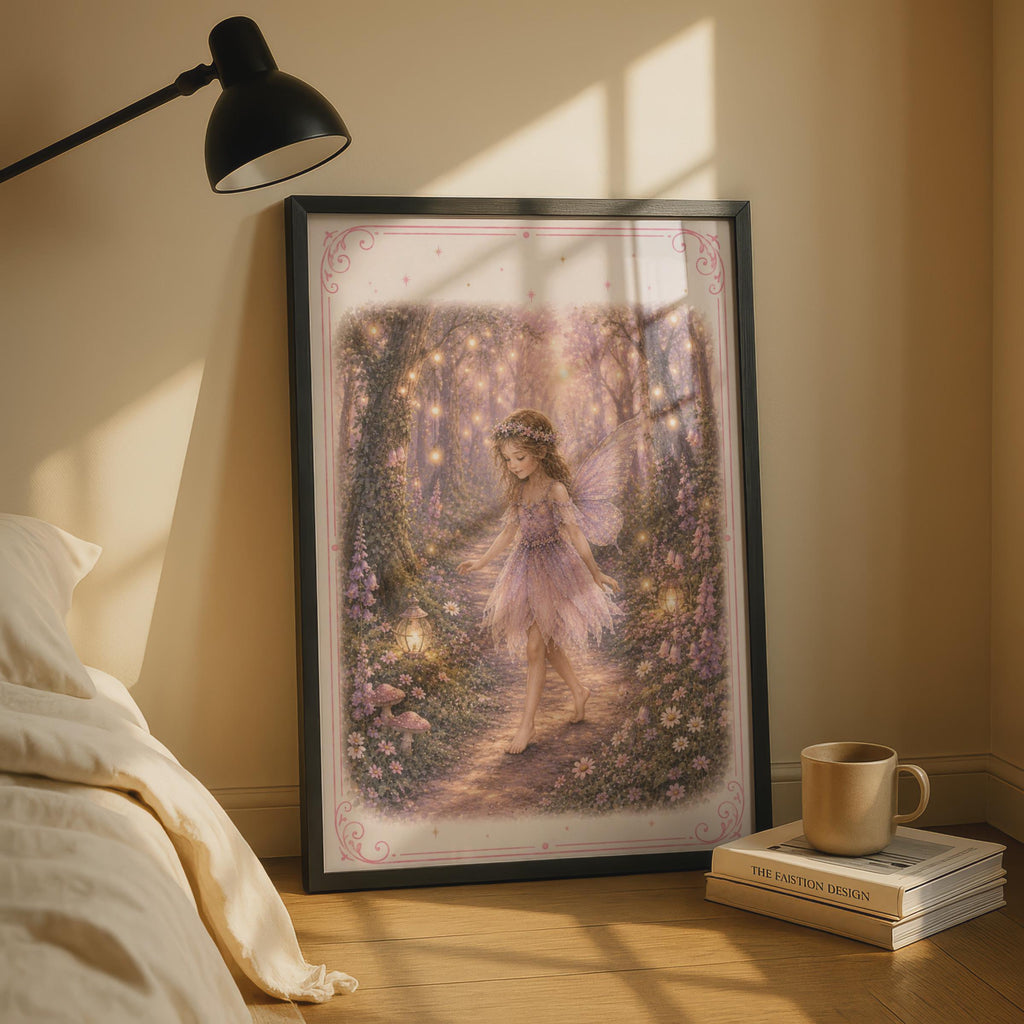 Fairy Girl Enchanted Forest Poster, Magical Woodland Wall Art, Pink Purple Girls Room Print