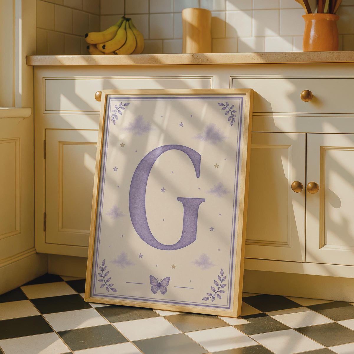 Letter G Poster, Purple Initial Children's Wall Art, Stars Clouds Butterfly Nursery Print