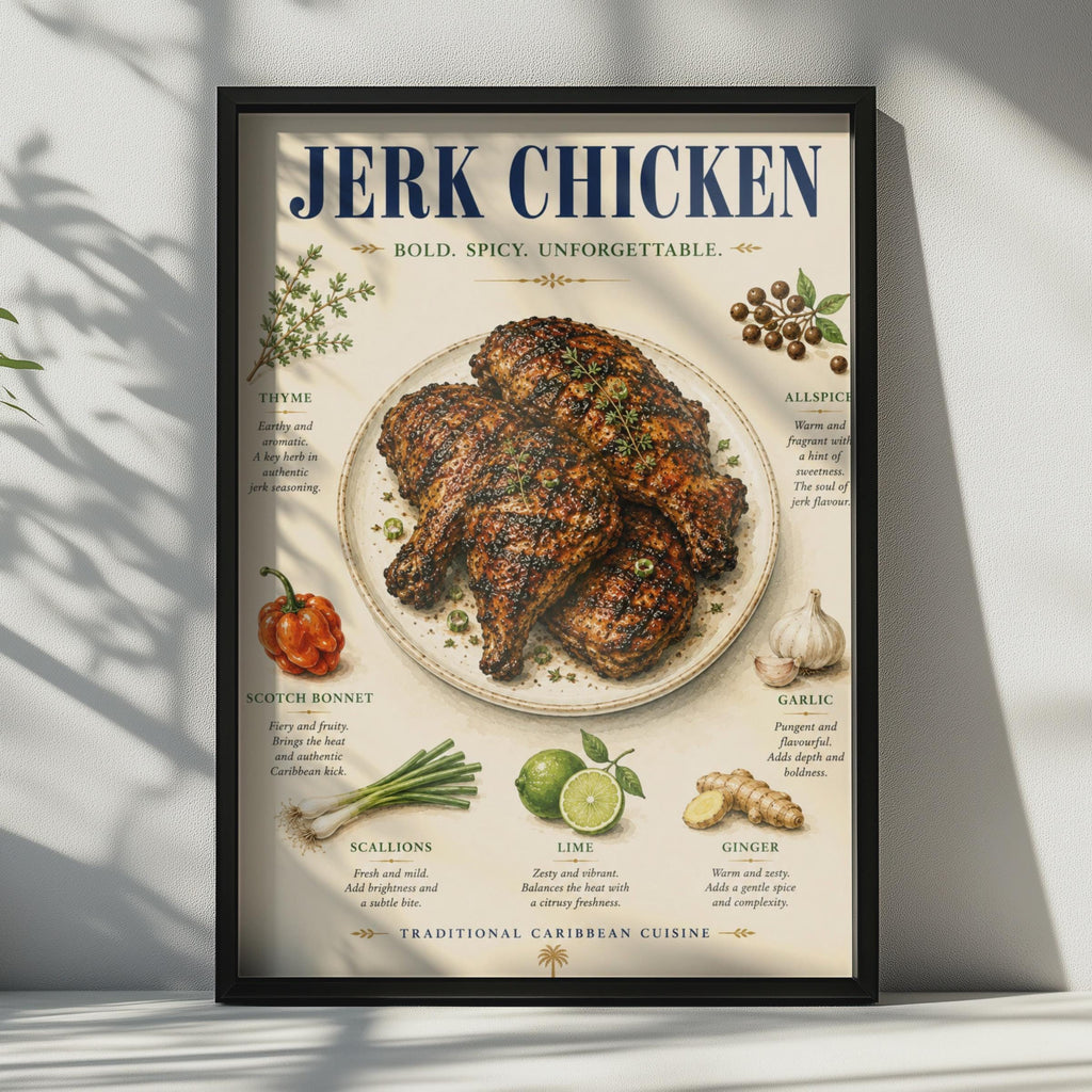 Jerk Chicken Poster, Caribbean Food Art Print, Spicy Kitchen Wall Decor, Recipe Ingredients