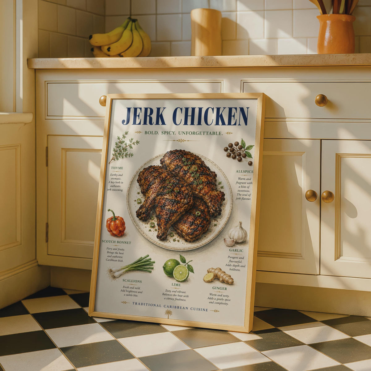 Jerk Chicken Poster, Caribbean Food Art Print, Spicy Kitchen Wall Decor, Recipe Ingredients