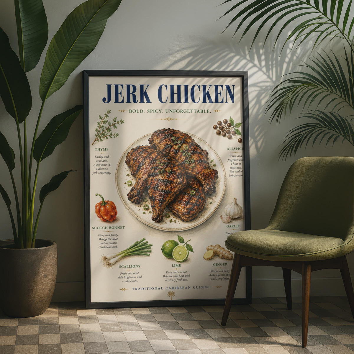 Jerk Chicken Poster, Caribbean Food Art Print, Spicy Kitchen Wall Decor, Recipe Ingredients