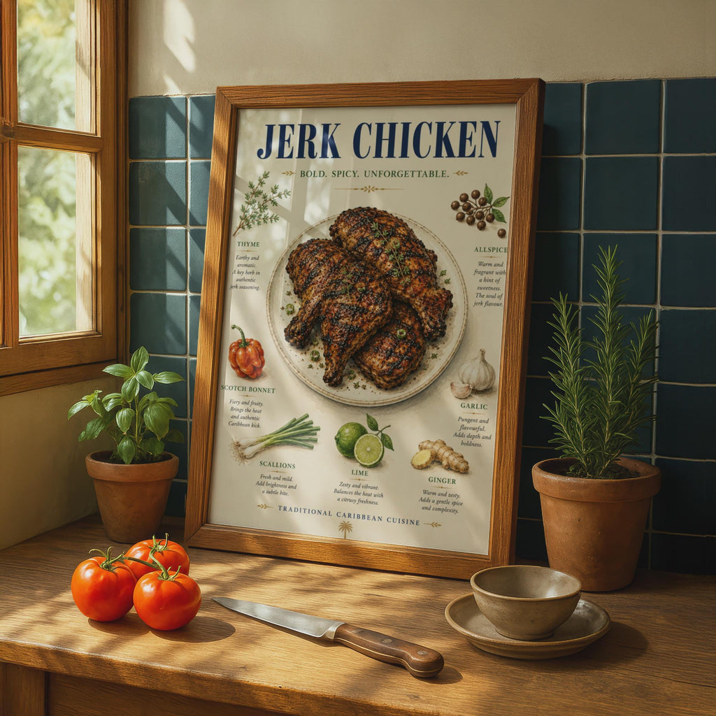 Jerk Chicken Poster, Caribbean Food Art Print, Spicy Kitchen Wall Decor, Recipe Ingredients