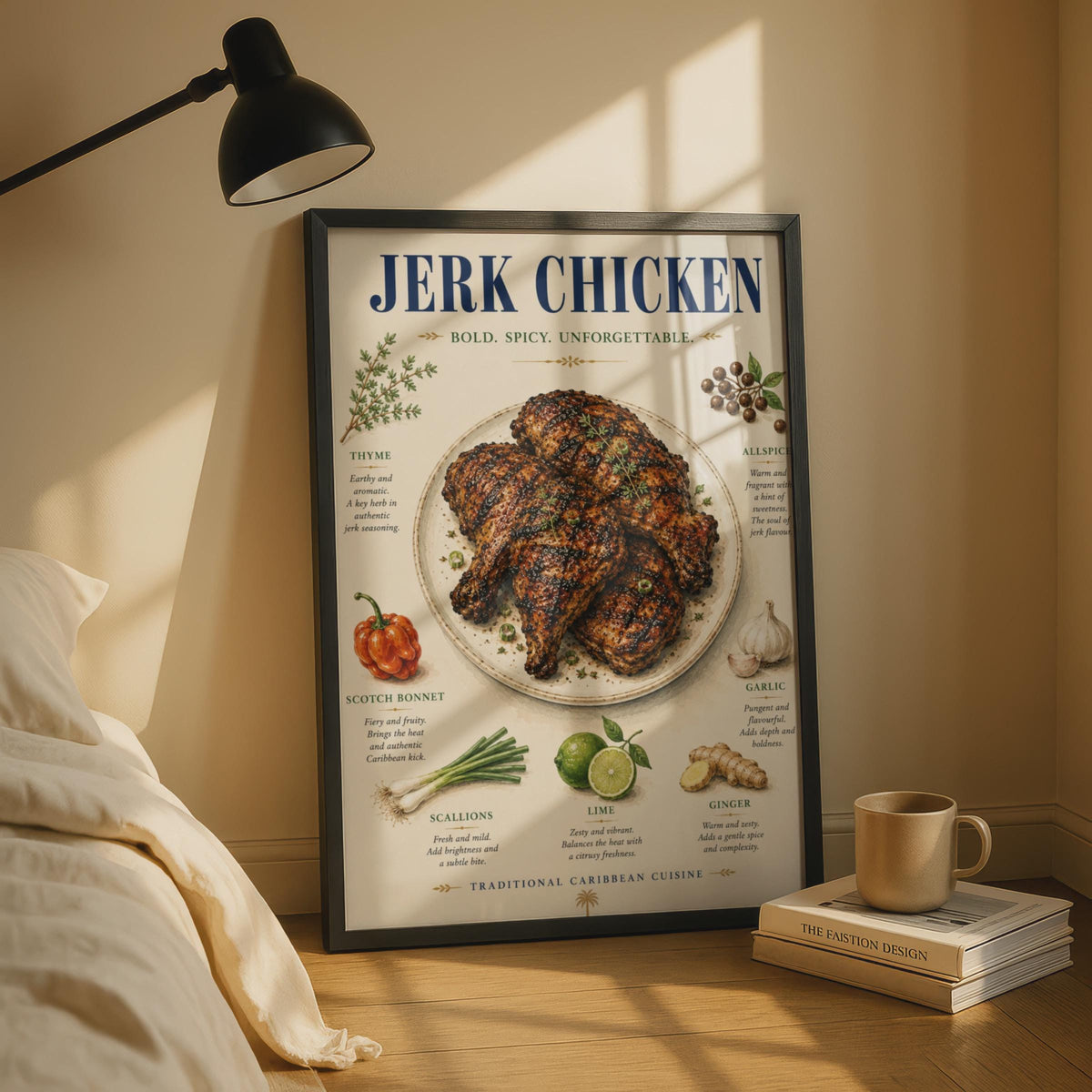 Jerk Chicken Poster, Caribbean Food Art Print, Spicy Kitchen Wall Decor, Recipe Ingredients