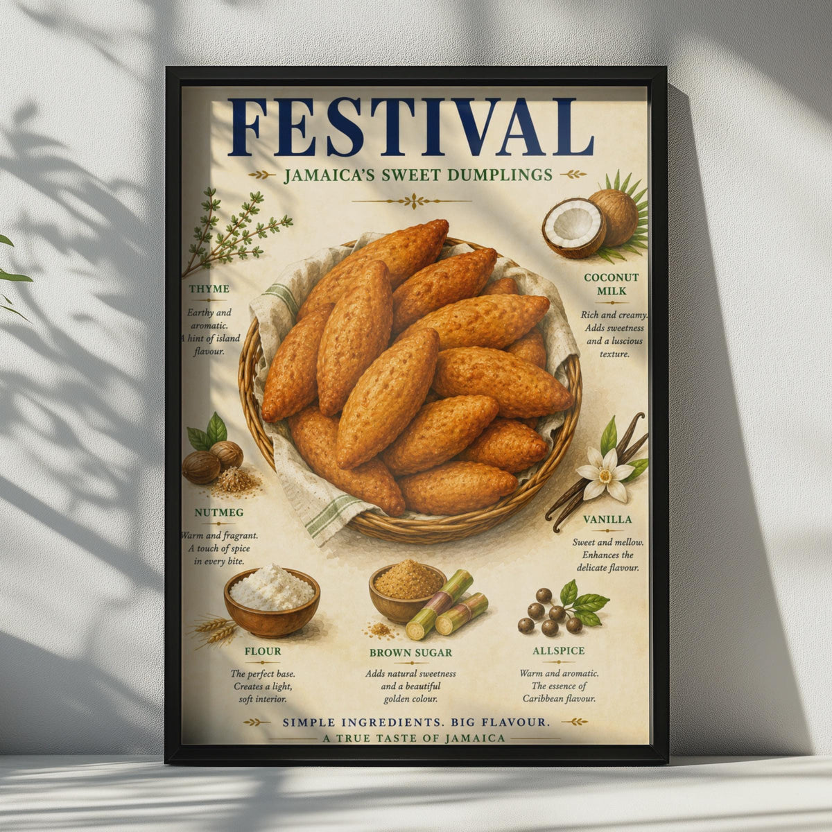 Festival Jamaican Sweet Dumplings Food Poster, Caribbean Kitchen Wall Art Print