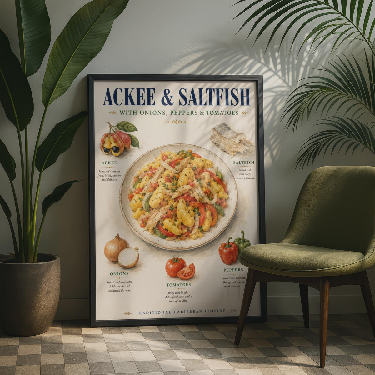 Ackee and Saltfish Poster, Jamaican Food Art, Caribbean Kitchen Wall Decor Print
