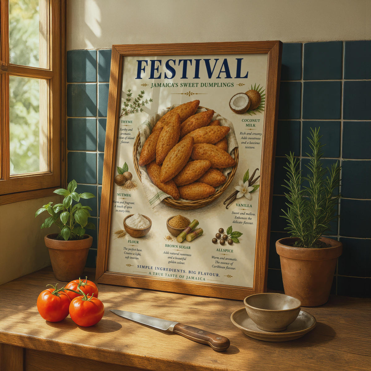 Festival Jamaican Sweet Dumplings Food Poster, Caribbean Kitchen Wall Art Print
