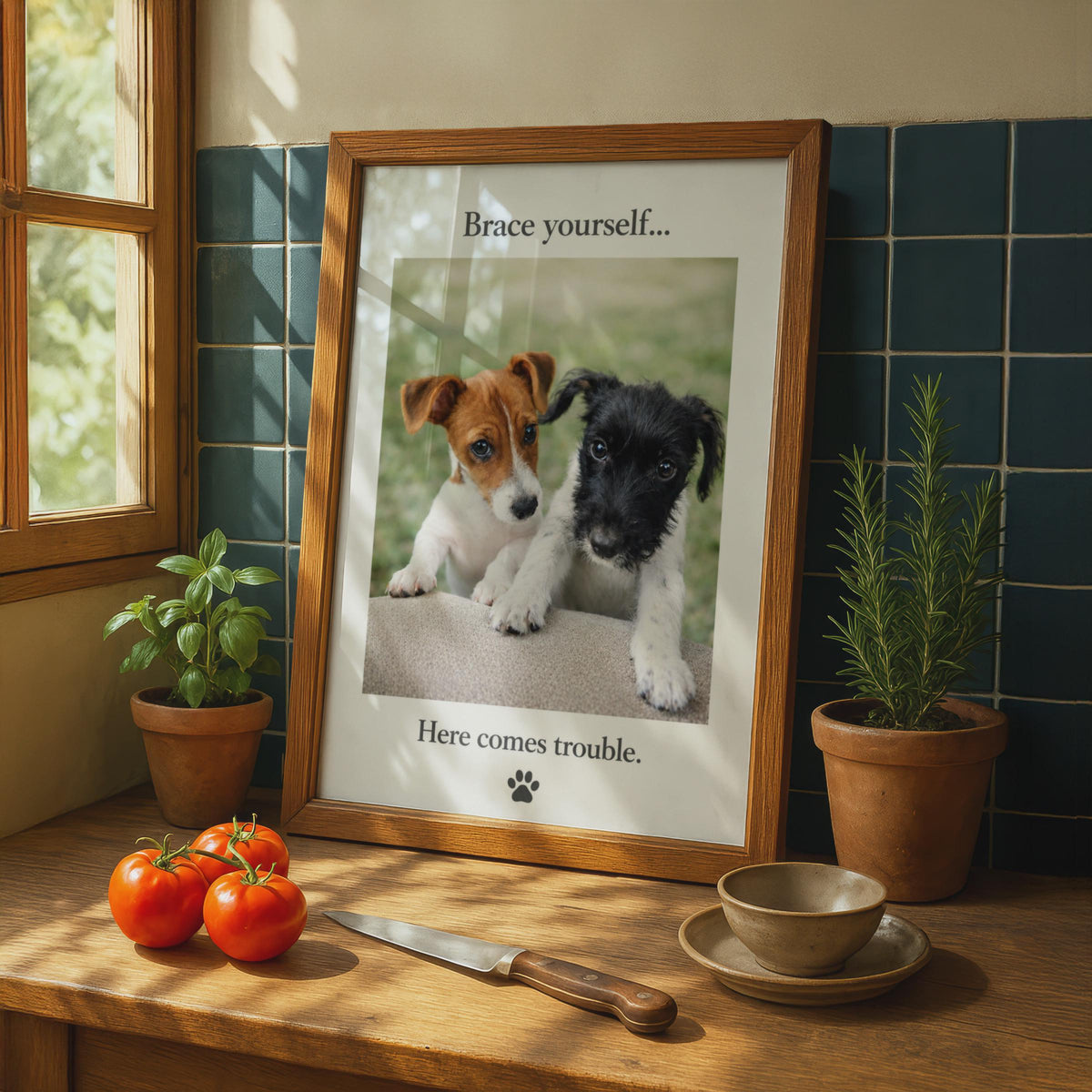 Puppy Poster, Brace Yourself Here Comes Trouble, Dog Photography Print