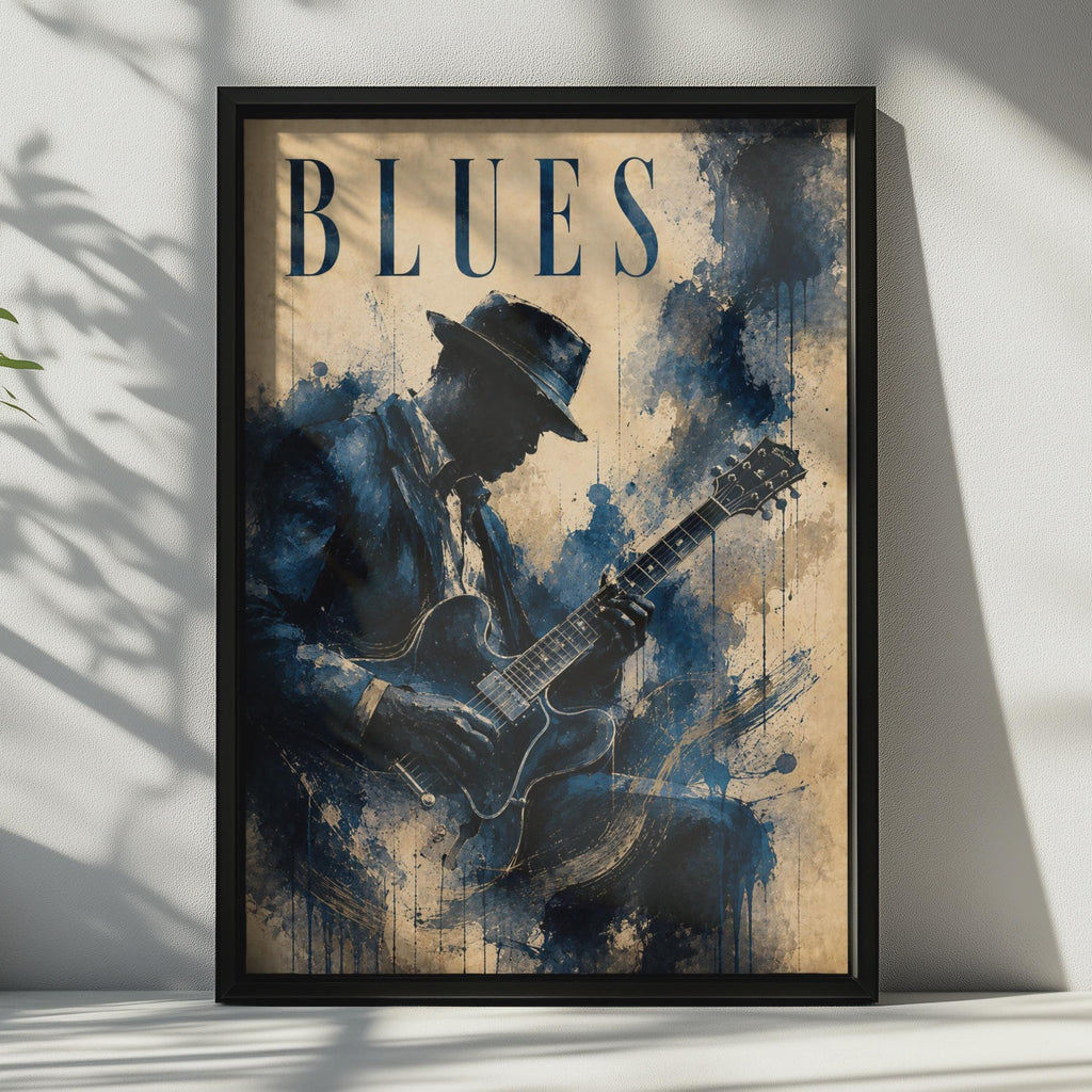 Blues Guitarist Poster, Vintage Music Wall Art, Navy Blue Watercolour Guitar Player Print