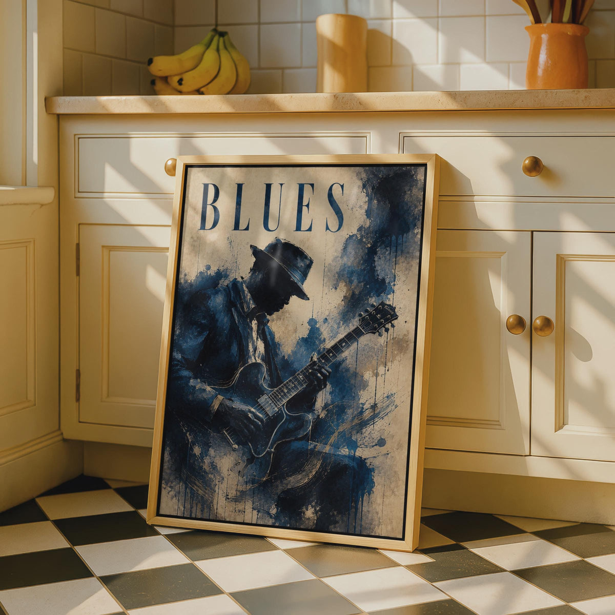 Blues Guitarist Poster, Vintage Music Wall Art, Navy Blue Watercolour Guitar Player Print