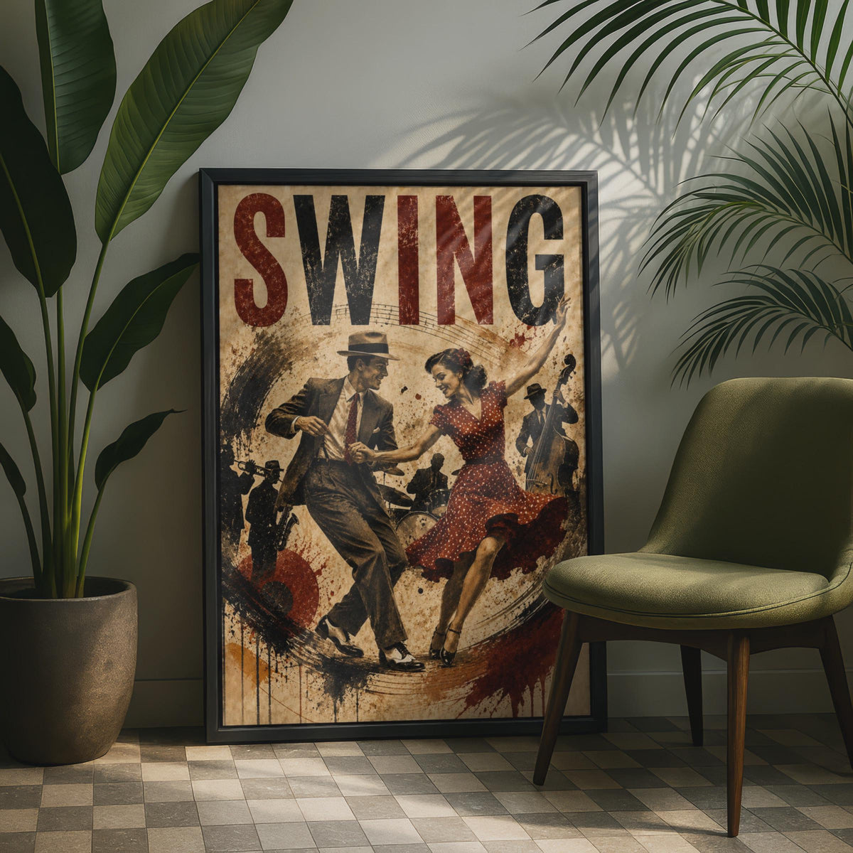 Swing Dance Poster, Vintage Jazz Art, Retro 1940s Lindy Hop, Music Wall Decor
