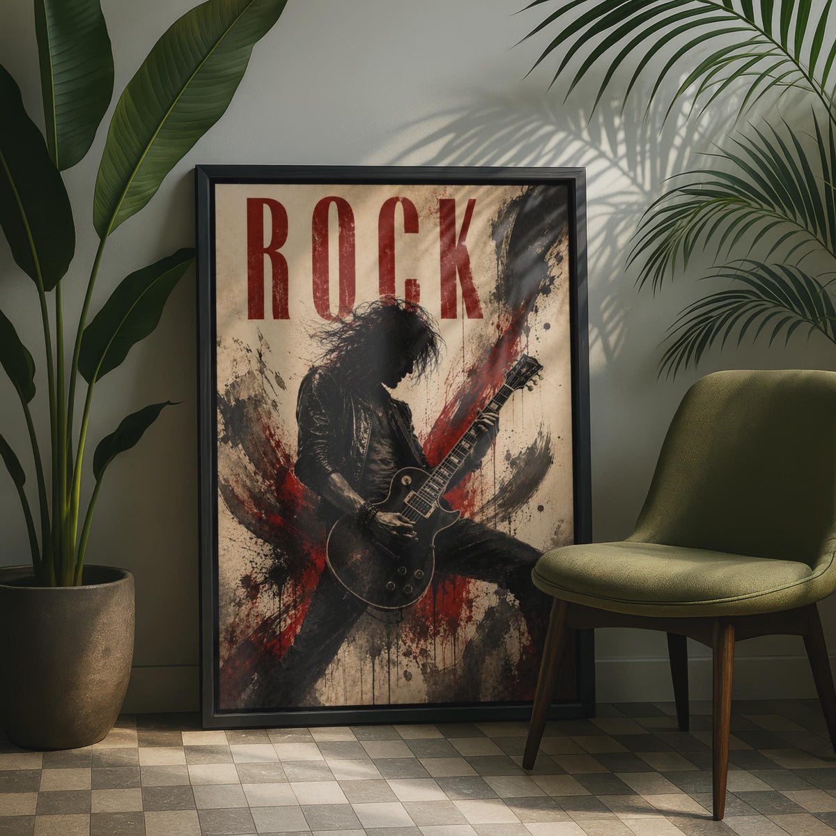 Rock Guitar Player Poster, Vintage Grunge Music Wall Art, Red Black Guitar Hero Print