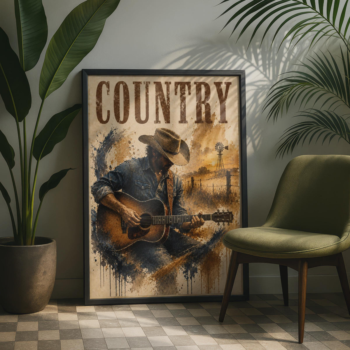 Country Music Poster, Cowboy Guitar Player Wall Art, Western Rustic Vintage Style Print