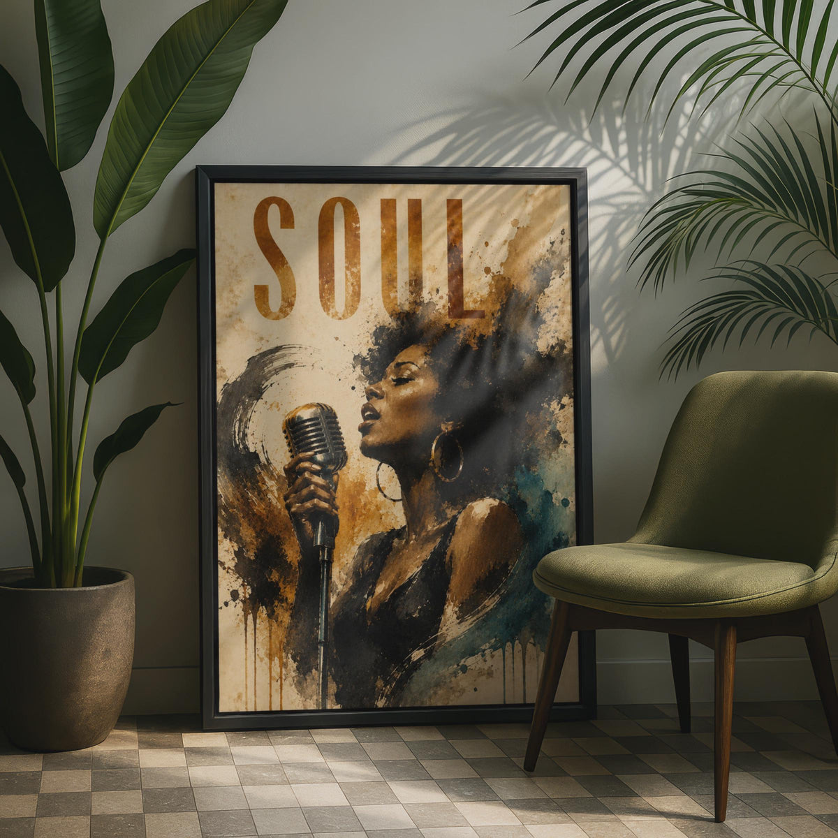 Soul Music Poster, Jazz Singer Wall Art, Vintage Watercolour Retro Microphone Print