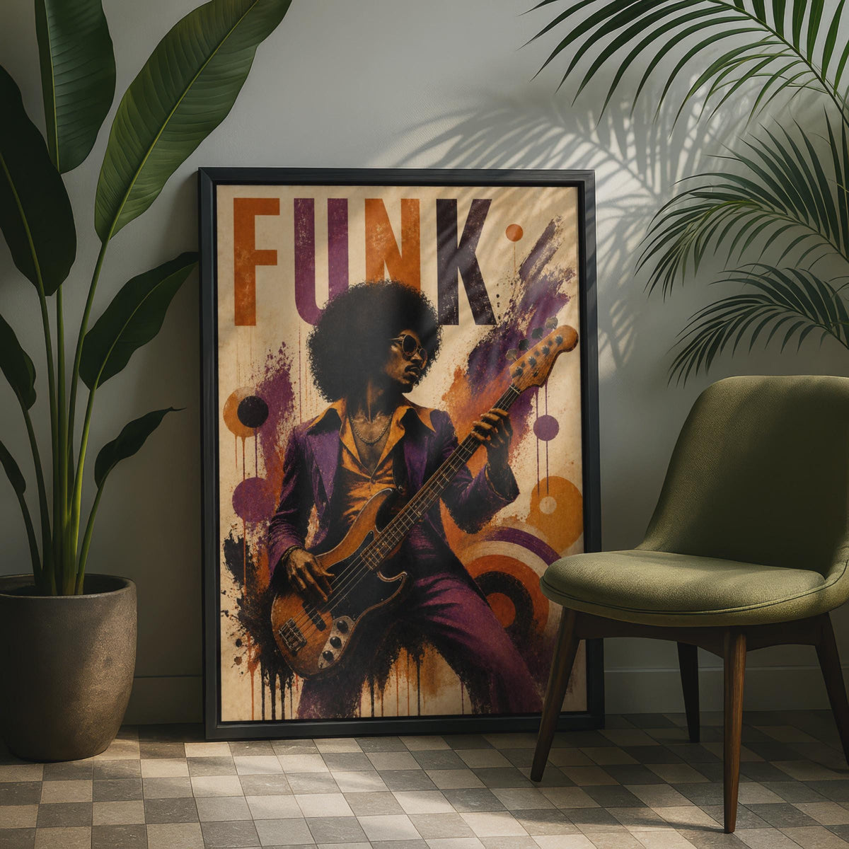 Funk Music Poster, Retro 70s Guitar Player Wall Art, Purple Orange Vintage Soul