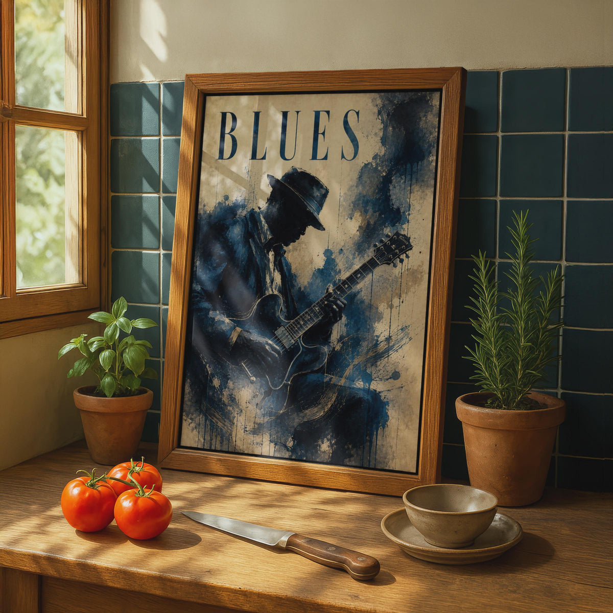 Blues Guitarist Poster, Vintage Music Wall Art, Navy Blue Watercolour Guitar Player Print