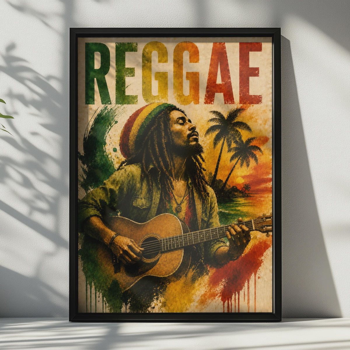 Reggae Music Poster, Rasta Guitar Player Wall Art, Jamaican Vintage Style Print