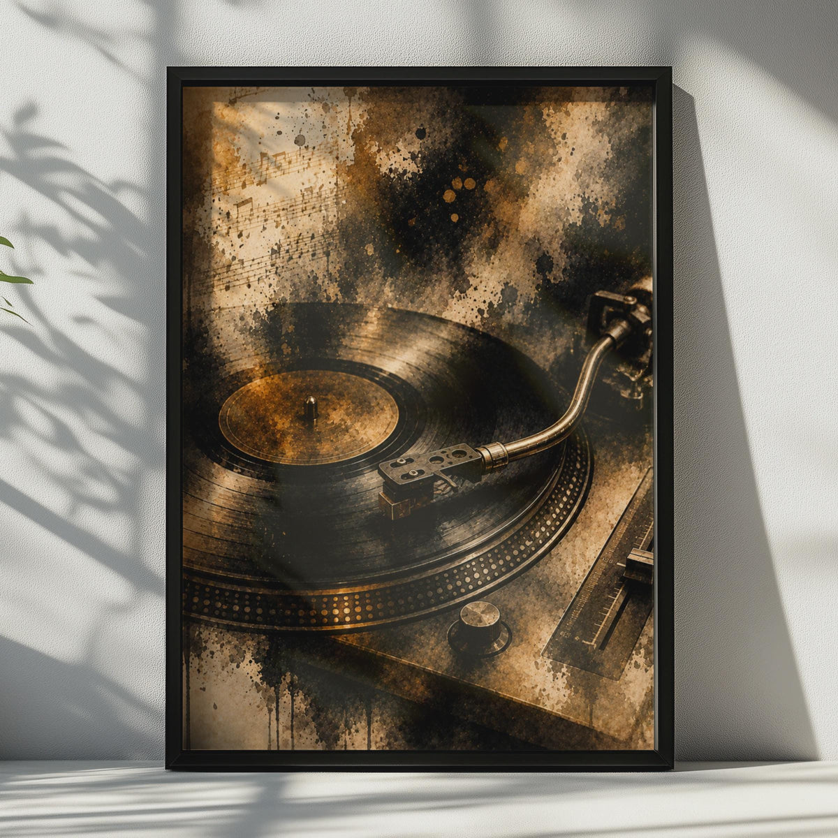 Vintage Vinyl Record Player Poster, Gold Sepia Turntable Wall Art, Music Lover Gift