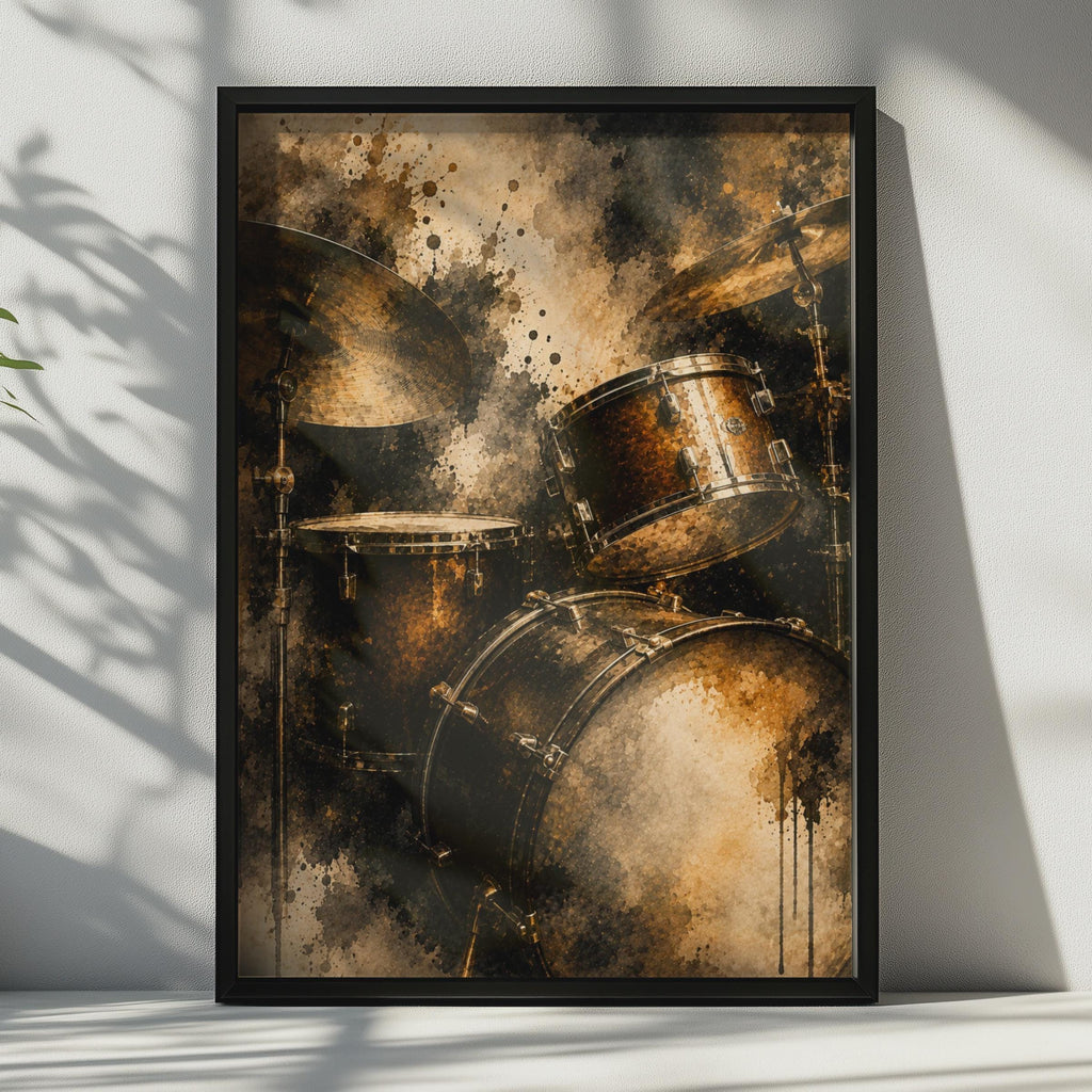 Drum Kit Poster, Abstract Watercolour Music Wall Art, Gold Black Drummer Gift