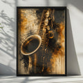 Saxophone Jazz Poster, Vintage Gold Brass Music Wall Art, Watercolour Splatter Print