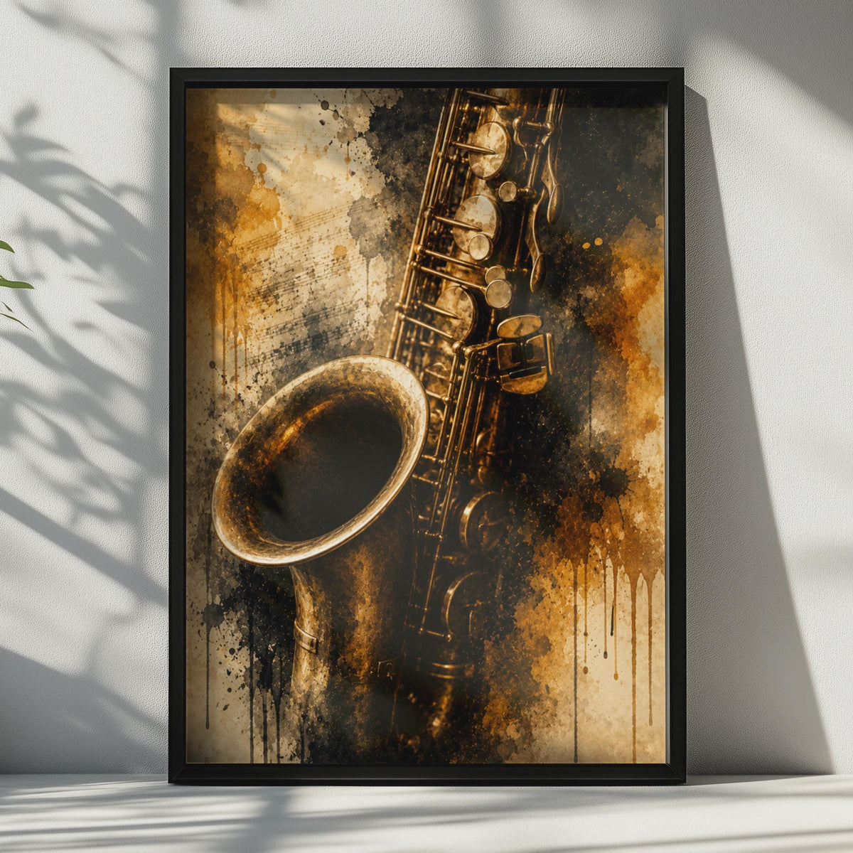 Saxophone Jazz Poster, Vintage Gold Brass Music Wall Art, Watercolour Splatter Print