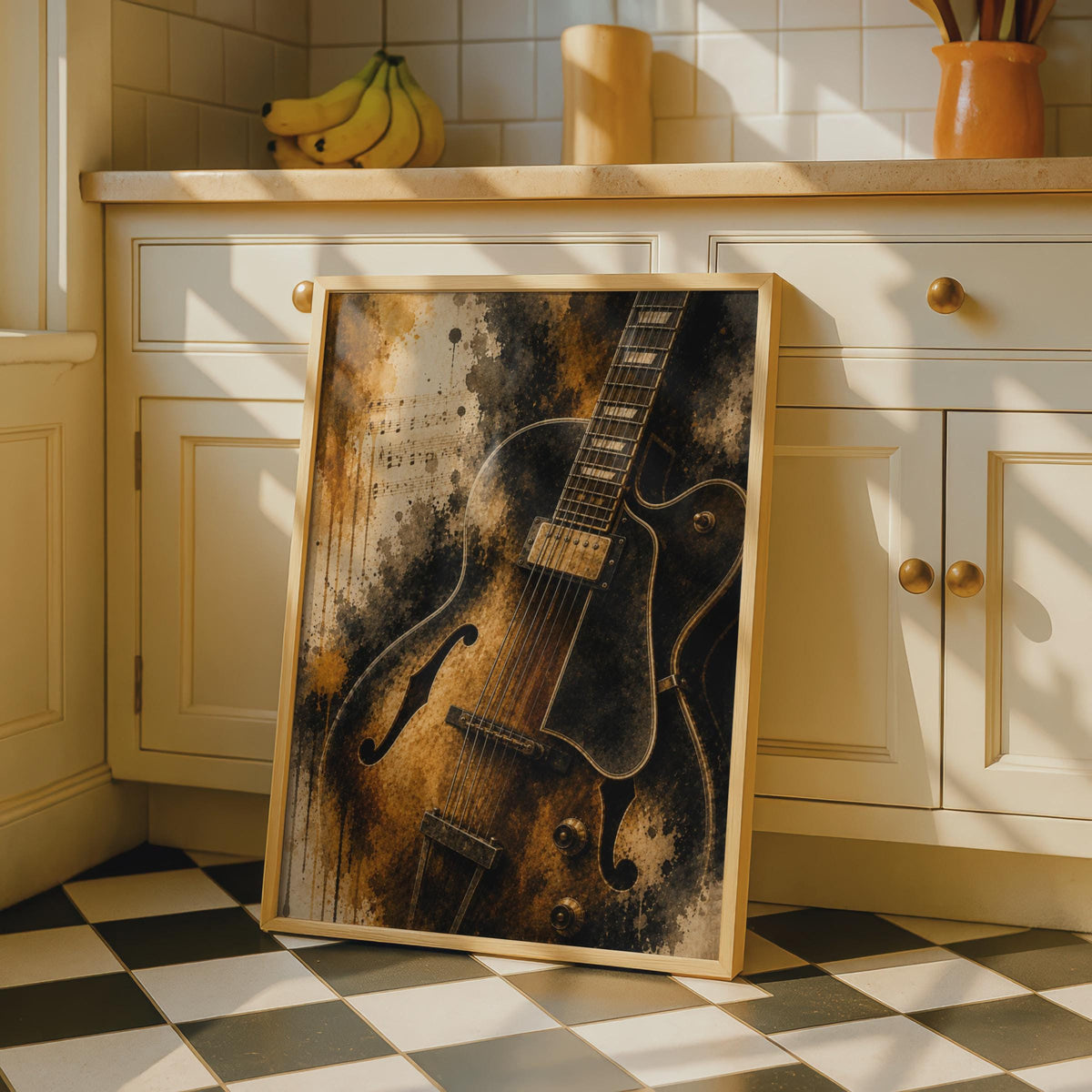 Jazz Guitar Poster, Vintage Music Wall Art, Brown Gold Grunge, Musician Gift