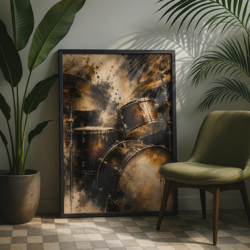 Drum Kit Poster, Abstract Watercolour Music Wall Art, Gold Black Drummer Gift