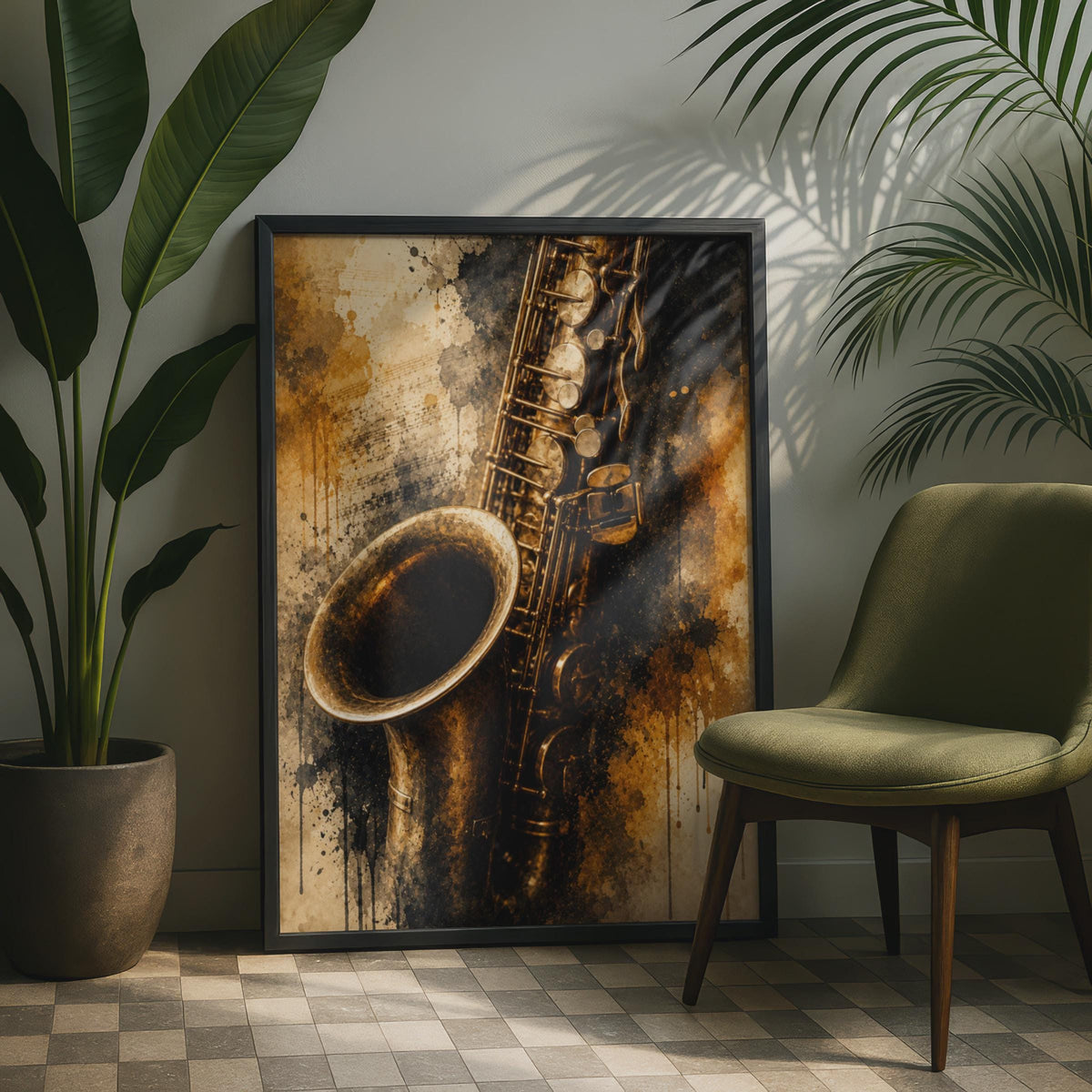 Saxophone Jazz Poster, Vintage Gold Brass Music Wall Art, Watercolour Splatter Print