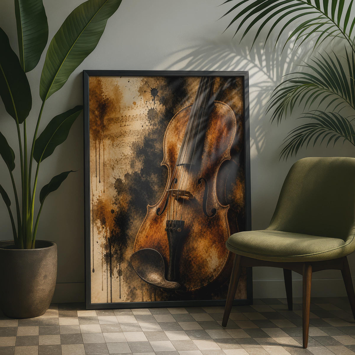 Violin Poster, Dark Moody Music Wall Art, Sepia Watercolour Cello Print, Classical