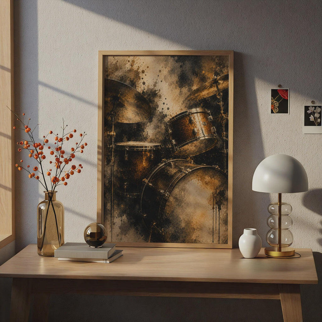 Drum Kit Poster, Abstract Watercolour Music Wall Art, Gold Black Drummer Gift