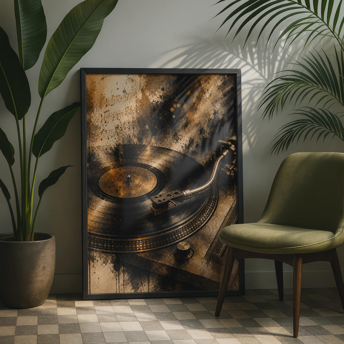 Vintage Vinyl Record Player Poster, Gold Sepia Turntable Wall Art, Music Lover Gift