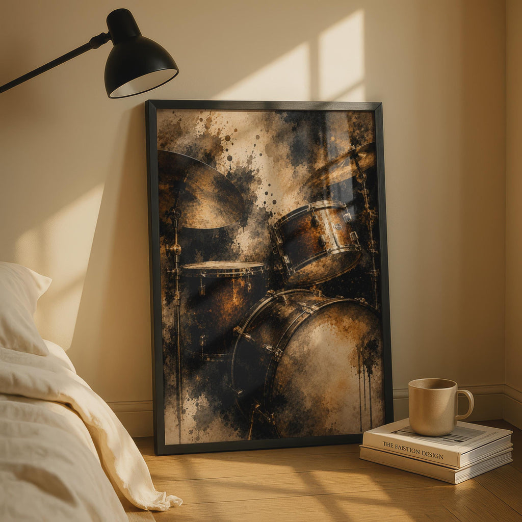 Drum Kit Poster, Abstract Watercolour Music Wall Art, Gold Black Drummer Gift