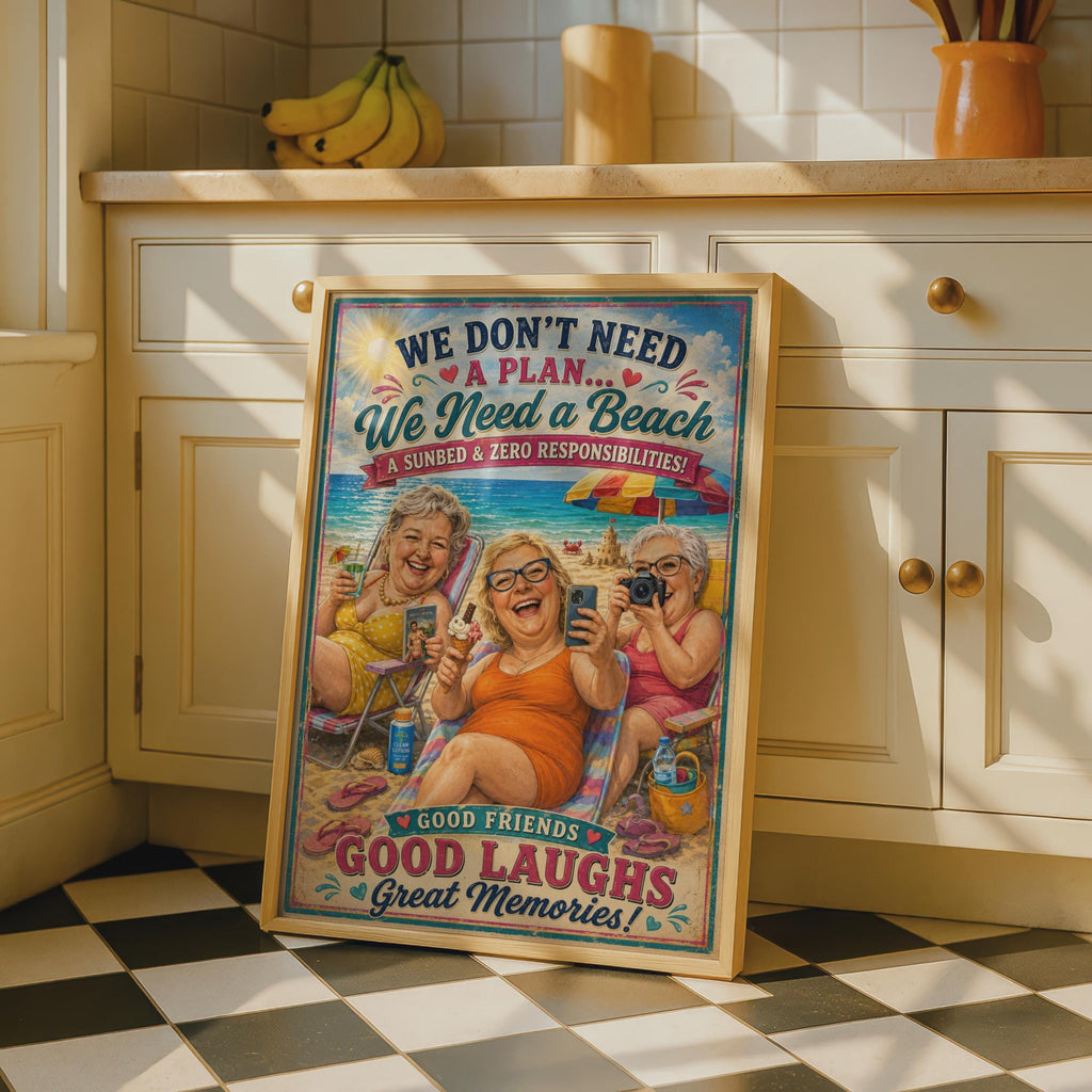 Good Friends Beach Poster, Funny Women Holiday Wall Art, Vintage Retro Style Gift